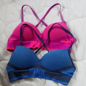 2 × Victoria Secret Pink Wireless Lightly Lined Padded Bra, Pink / Blue Xs